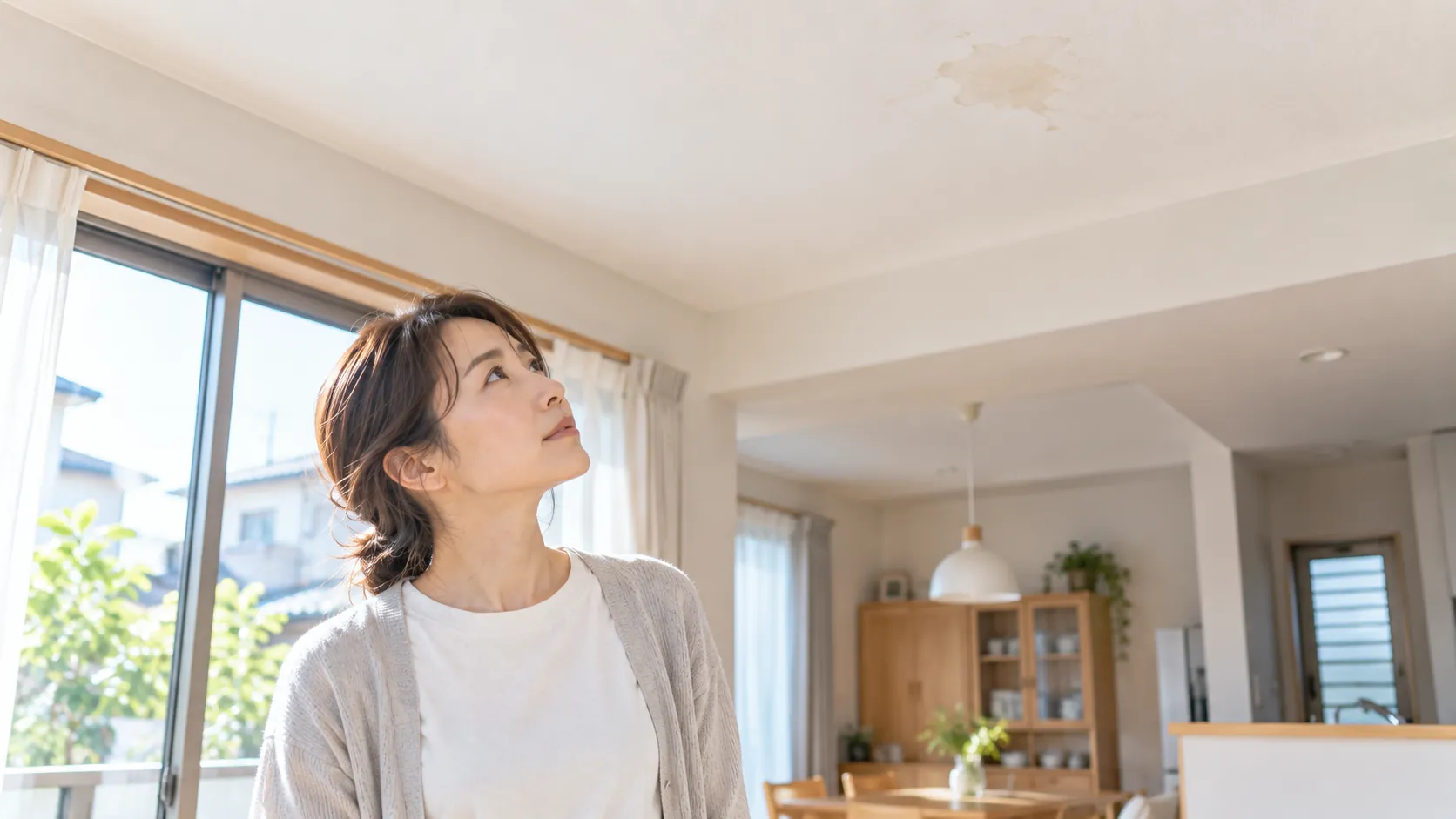 室内で、天井の小さなシミを見上げる女性