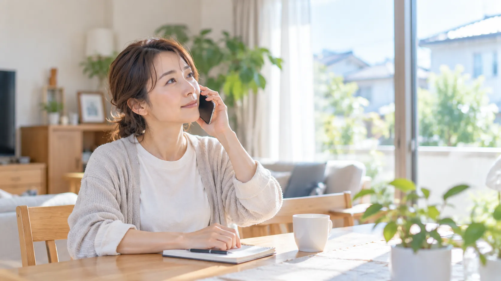自宅のリビングで、スマートフォンを使って相談する女性