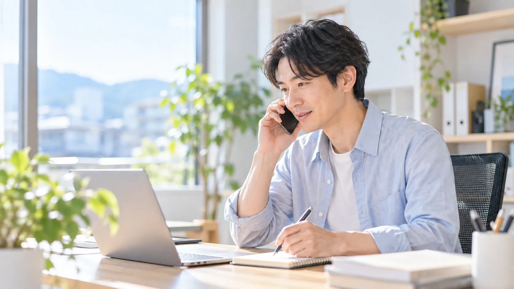 電話を受けながら、ノートに書き留める男性スタッフ
