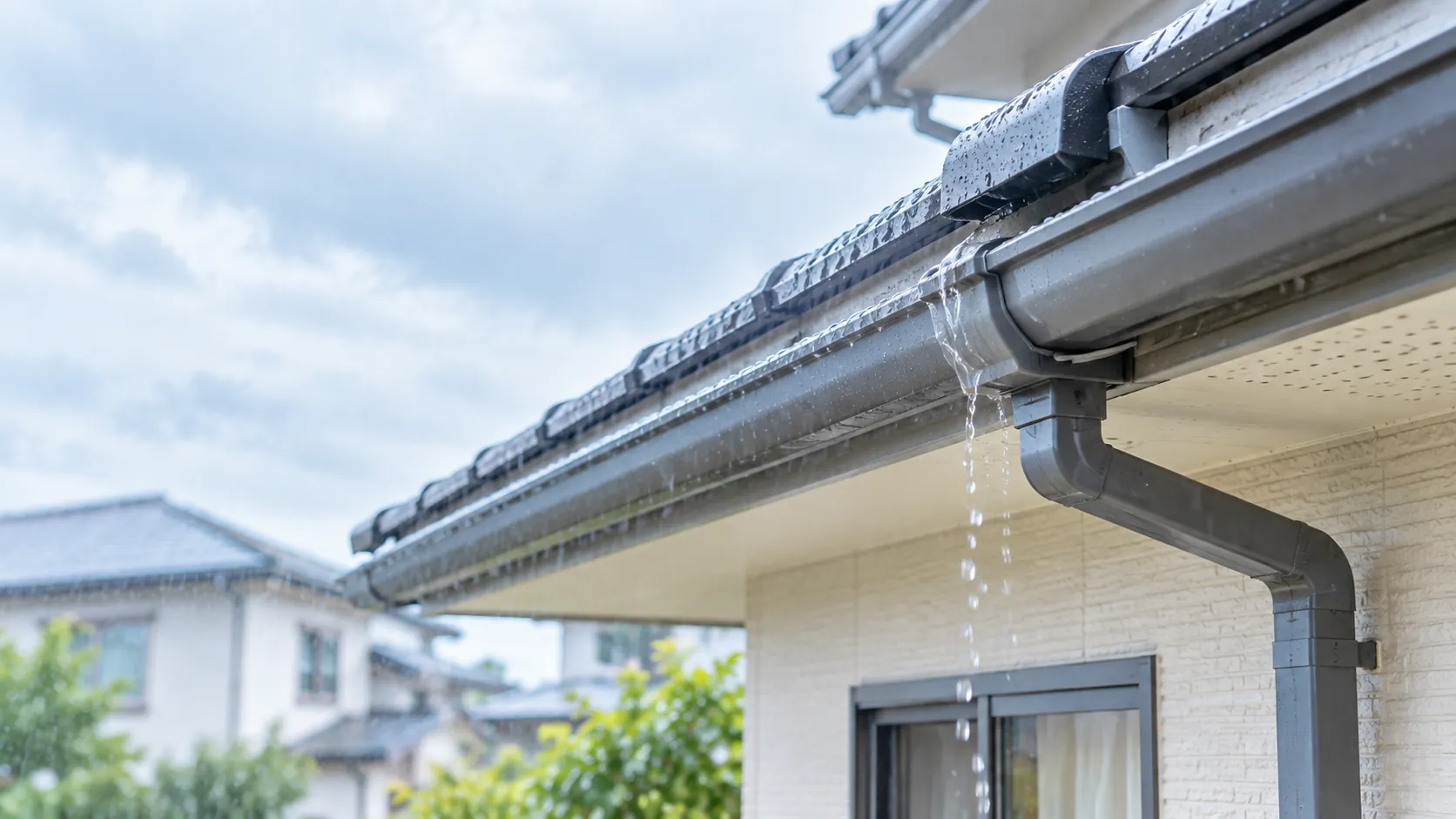 雨の中、軒先の雨樋から水が滴っている