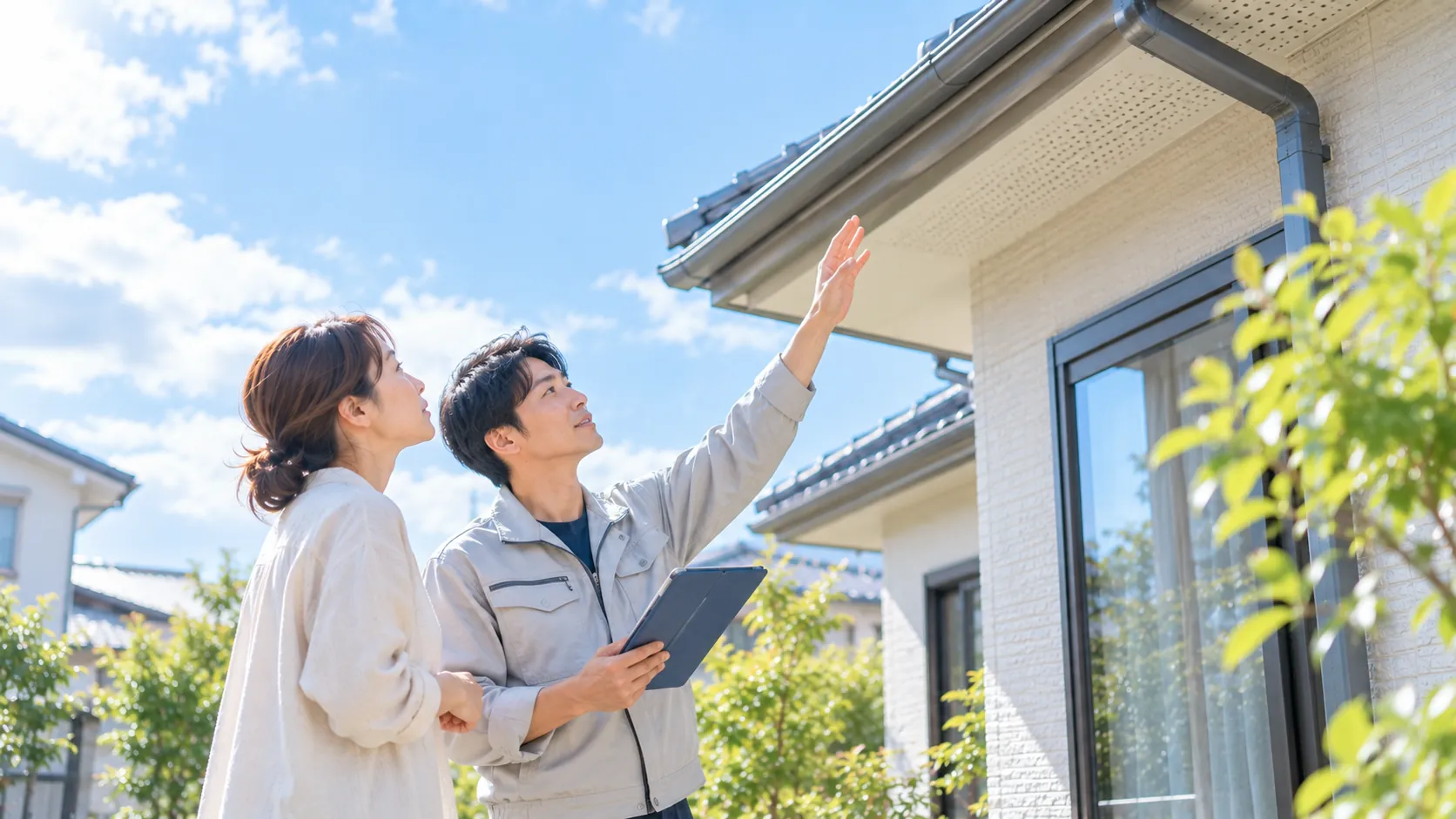 住宅の屋根を見上げながら、生活者と地域の事業者が一緒に状態を確認している様子