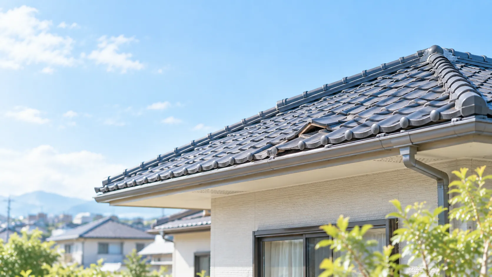 青空の下の瓦屋根。一部の瓦に小さな違和感がある